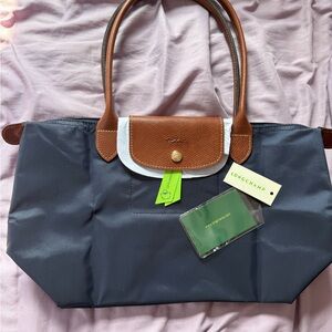 Longchamp Blue and Brown Tote Bag with Leather Accents